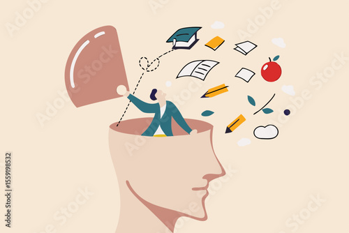 Unlearn, forget wrong information or knowledge, erase or delete memory for free space to learn new things concept, businessman throw away books and knowledge from his brain open head.