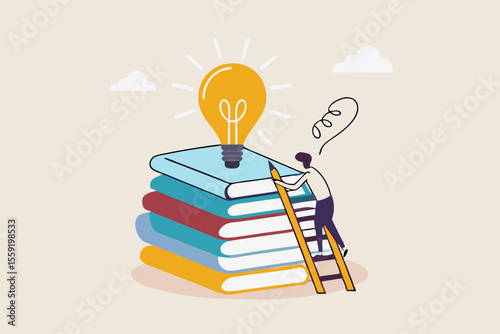 Creativity, knowledge to achieve success, imagination or education to develop skills, inspiration or finding solution concept, young adult man climb up ladder on book stack to find creative lightbulb.