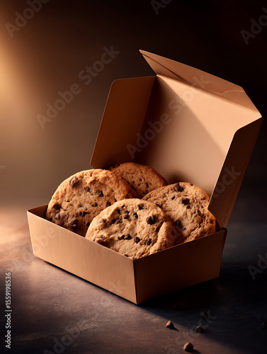 A brown storage box with chocolate chip cookies inside