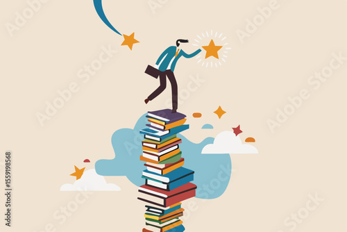 Learning or study help reach goal and success, knowledge and education for business challenge, motivation or ambition to learn new skill concept, smart businessman climb book stack to reach goal.