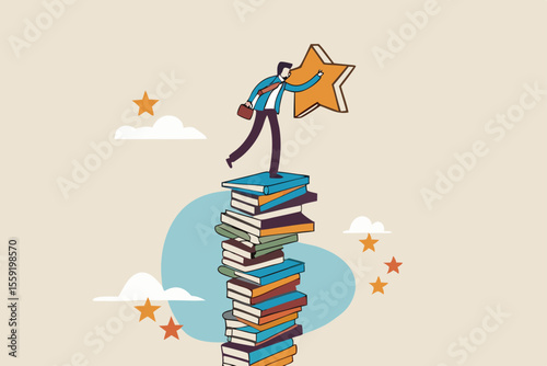 Learning or study help reach goal and success, knowledge and education for business challenge, motivation or ambition to learn new skill concept, smart businessman climb book stack to reach goal.