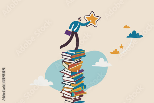 Learning or study help reach goal and success, knowledge and education for business challenge, motivation or ambition to learn new skill concept, smart businessman climb book stack to reach goal.