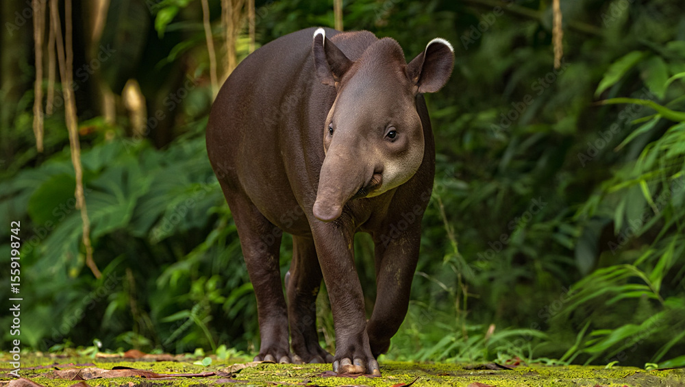 Fototapeta premium Dark tapir with white ear tips in lush green forest