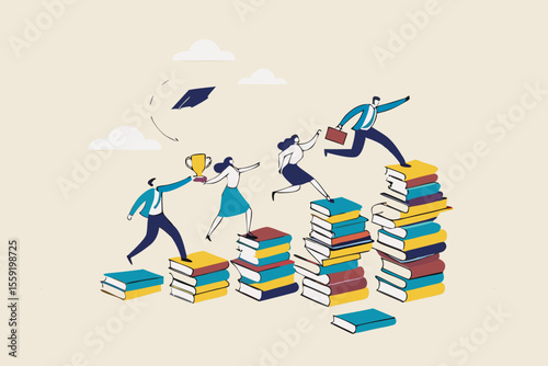 Knowledge or education to help business success, wisdom or learning to help employee achieve goal, training or education course concept, people running on growth book stack to achieve goal.
