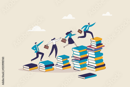 Knowledge or education to help business success, wisdom or learning to help employee achieve goal, training or education course concept, people running on growth book stack to achieve goal.