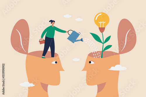 Teaching and learning to develop new skill or wisdom, inspiration or advice to achieve success, growth mindset or knowledge transfer concept, cheerful man from teacher head watering student seedling.