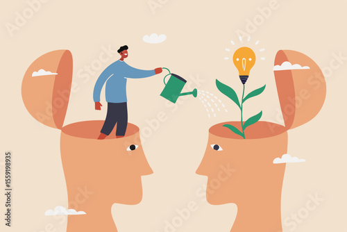 Teaching and learning to develop new skill or wisdom, inspiration or advice to achieve success, growth mindset or knowledge transfer concept, cheerful man from teacher head watering student seedling.