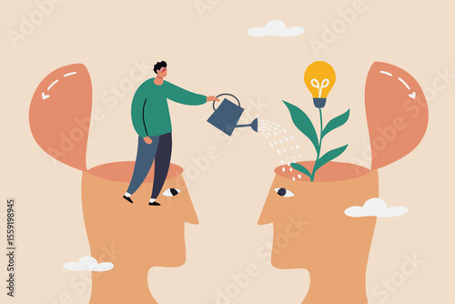 Teaching and learning to develop new skill or wisdom, inspiration or advice to achieve success, growth mindset or knowledge transfer concept, cheerful man from teacher head watering student seedling.