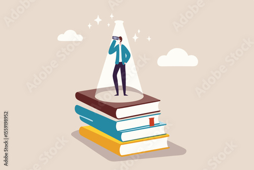 Knowledge is power, education or wisdom help solving problem, creativity, intelligence and innovation to develop solution concept, educated man stand on books staking turn on light bulb on his head.