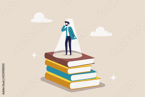 Knowledge is power, education or wisdom help solving problem, creativity, intelligence and innovation to develop solution concept, educated man stand on books staking turn on light bulb on his head.