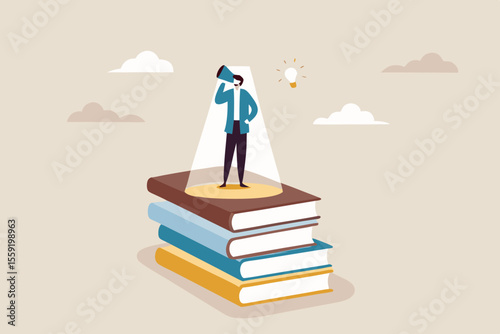 Knowledge is power, education or wisdom help solving problem, creativity, intelligence and innovation to develop solution concept, educated man stand on books staking turn on light bulb on his head.