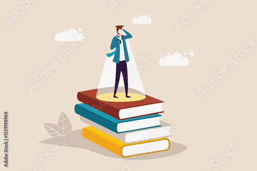 Knowledge is power, education or wisdom help solving problem, creativity, intelligence and innovation to develop solution concept, educated man stand on books staking turn on light bulb on his head.