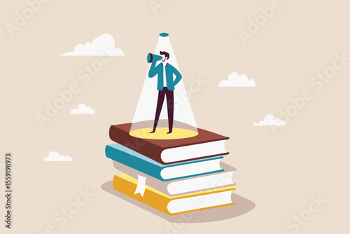 Knowledge is power, education or wisdom help solving problem, creativity, intelligence and innovation to develop solution concept, educated man stand on books staking turn on light bulb on his head.