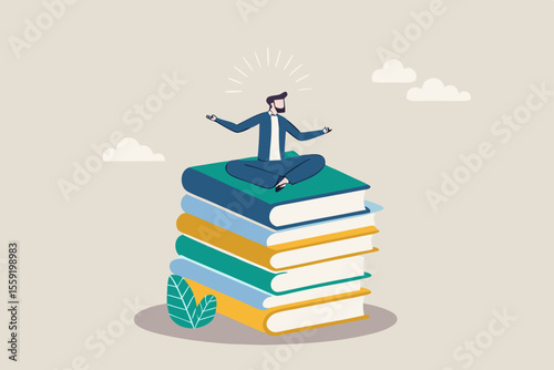 Best book to help entrepreneur success in business, knowledge or skill to succeed and overcome obstacle concept, smart success businessman meditating and learn new skill on stack of business books.