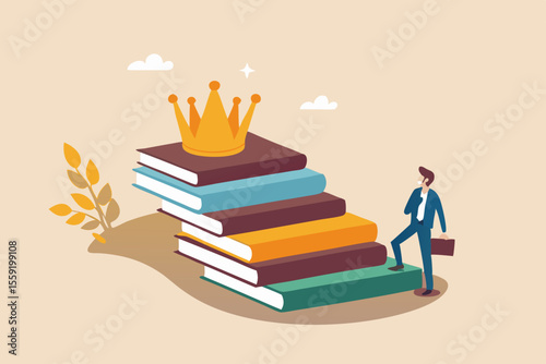 Education or knowledge steps to success, learning or study for skill development to achieve business success concept, businessman step up on stack of books as staircase to achieve crown at the top.