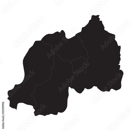 Political and geographical map of Rwanda with provinces, borders, cities, lakes, hills, and terrain details

