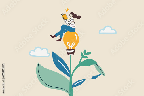 Learn or study more knowledge to grow and success, growth mindset or lifelong learning, education to develop new skills concept, joyful woman reading book on lightbulb flower growing plant.