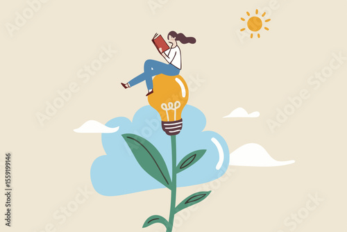Learn or study more knowledge to grow and success, growth mindset or lifelong learning, education to develop new skills concept, joyful woman reading book on lightbulb flower growing plant.