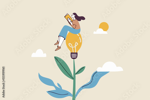 Learn or study more knowledge to grow and success, growth mindset or lifelong learning, education to develop new skills concept, joyful woman reading book on lightbulb flower growing plant.