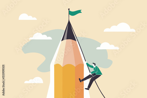 Creative challenge to reach goal and win business, idea, motivation and inspiration to achieve target concept, young creative man climbing pencil mountain to reach winning flag at the peak.