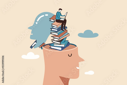 Reading books to gain knowledge, intelligence and thinking skill, lifelong learning, research and study for personal growth concept, calm learner man reading book on books stack growth from his head.