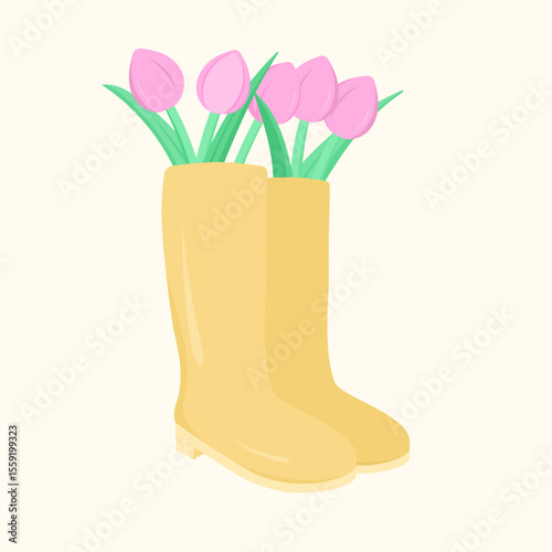 A bright and creative spring composition featuring fresh tulips arranged in cheerful yellow rubber boots. This whimsical floral setup radiates warmth, joy, and originality 
