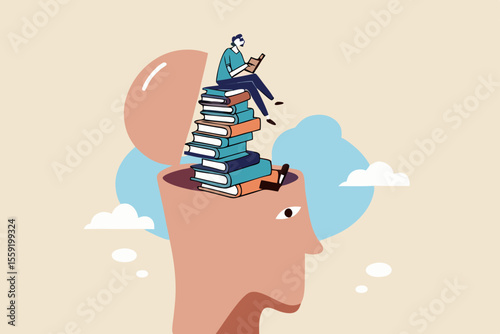 Reading books to gain knowledge, intelligence and thinking skill, lifelong learning, research and study for personal growth concept, calm learner man reading book on books stack growth from his head.