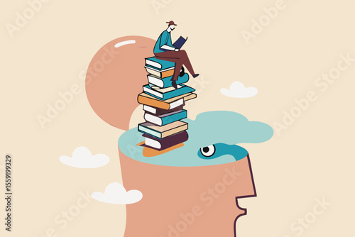 Reading books to gain knowledge, intelligence and thinking skill, lifelong learning, research and study for personal growth concept, calm learner man reading book on books stack growth from his head.