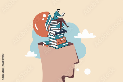 Reading books to gain knowledge, intelligence and thinking skill, lifelong learning, research and study for personal growth concept, calm learner man reading book on books stack growth from his head.