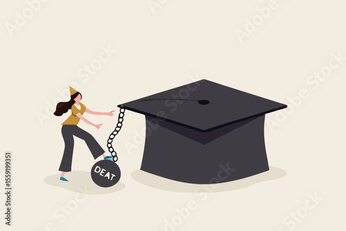 Student loan debt pay off or forgiveness program, cut education expense or reduce fee concept, young adult woman cut chain to relief from student loan debt burden metal ball from graduated mortarboar
