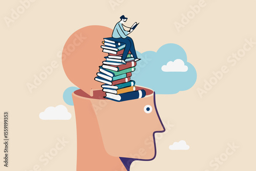 Reading books to gain knowledge, intelligence and thinking skill, lifelong learning, research and study for personal growth concept, calm learner man reading book on books stack growth from his head.