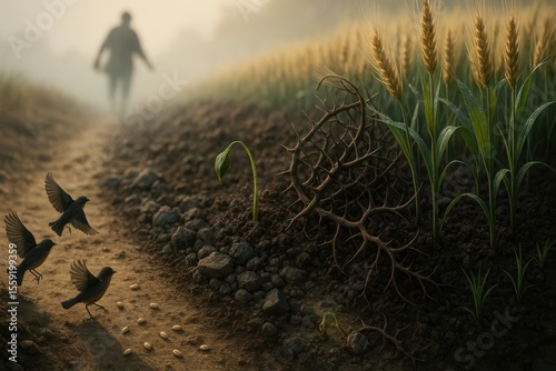 The Parable of the Sower: Four terrains—footpath with scattered seeds, rocky soil with a struggling sprout, thorny ground with a dying shoot, and fertile soil with lush wheat, as the sower walks in th