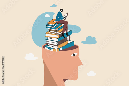 Reading books to gain knowledge, intelligence and thinking skill, lifelong learning, research and study for personal growth concept, calm learner man reading book on books stack growth from his head.