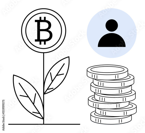 Bitcoin plant symbolizing growth, stack of coins representing wealth, and user icon promoting participation. Ideal for cryptocurrency, growth, economy, investment, savings, finance digital