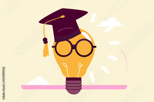 Education or knowledge is power to build creativity, idea or solution, academic or training course concept, genius bright lightbulb wearing eyeglasses and graduation hat or mortar board.