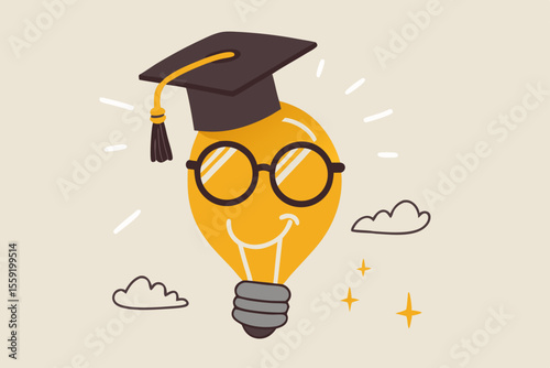 Education or knowledge is power to build creativity, idea or solution, academic or training course concept, genius bright lightbulb wearing eyeglasses and graduation hat or mortar board.