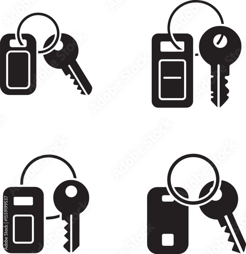 Collection of four different car keys with keychains silhouette