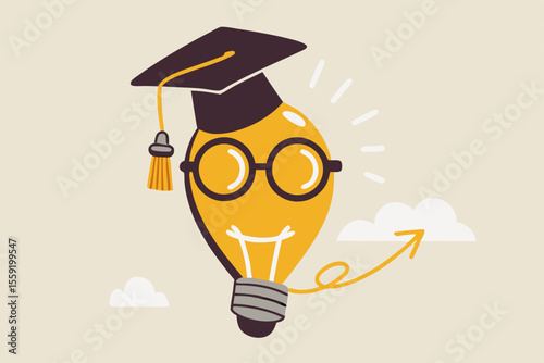 Education or knowledge is power to build creativity, idea or solution, academic or training course concept, genius bright lightbulb wearing eyeglasses and graduation hat or mortar board.