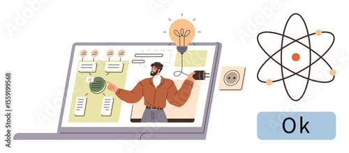 Teacher conducting virtual class on laptop, holding plug illuminating lightbulb, atoms representing science topics. Ideal for e-learning, innovation, science education, communication, digital tools