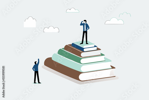 Education inequity, academic degree or institution bias, imbalance or chance or access to knowledge, school dropout concept, success young man on top of stack of textbooks look at other on the floor.