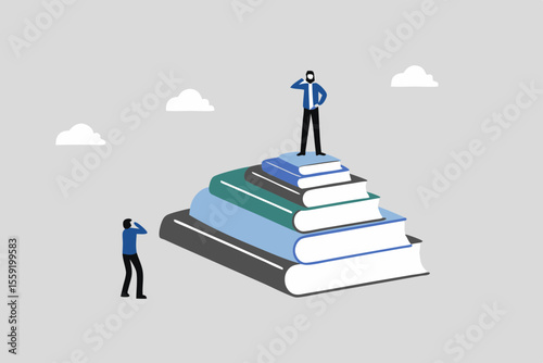 Education inequity, academic degree or institution bias, imbalance or chance or access to knowledge, school dropout concept, success young man on top of stack of textbooks look at other on the floor.