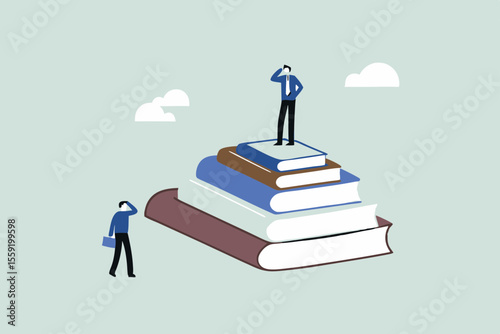 Education inequity, academic degree or institution bias, imbalance or chance or access to knowledge, school dropout concept, success young man on top of stack of textbooks look at other on the floor.