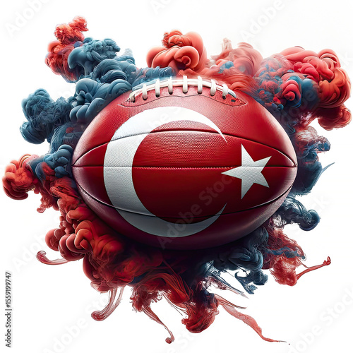 Illustration Soccer ball Turkey Smoke Flag country red yellow, black brush paint watercolor drawn stroke texture isolated background