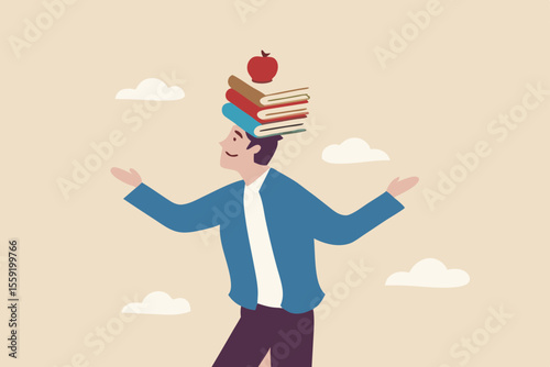 Business development books, learning or studying new skill for self improvement and success in work, education or knowledge concept, smart businessman balance books stack on his head with apple on top