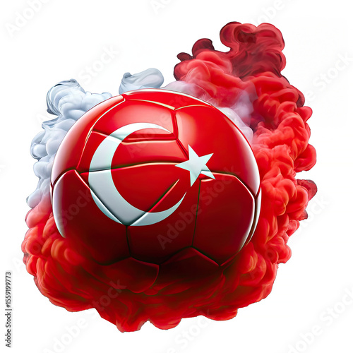 Illustration Soccer ball Turkey Smoke Flag country red yellow, black brush paint watercolor drawn stroke texture isolated background