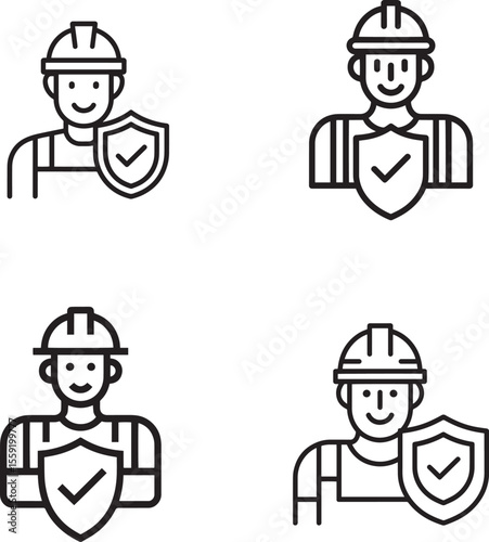 Construction worker with shield and check mark icon set silhouette