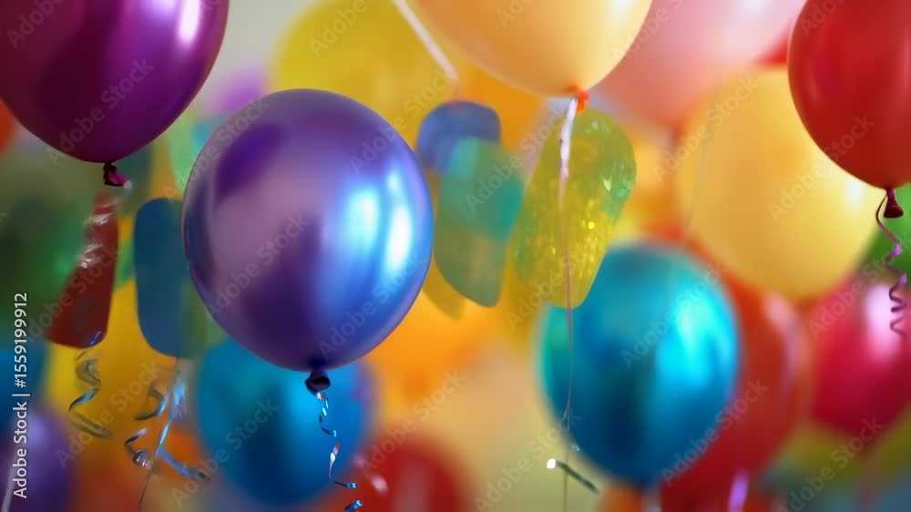 Colorful balloons ascend in a vibrant celebration scene