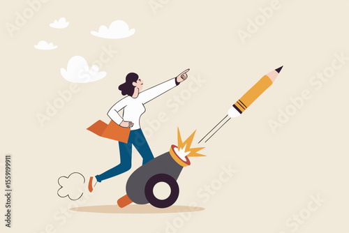 Launch new creativity idea, boost inspiration and challenge, start writing blog, storytelling or create brand concept, motivated creative woman launch new idea by shooting pencil cannon into the sky.