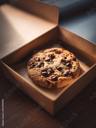 Brown box with perfectly round chocolate chip cookies, natural light