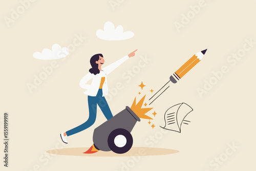 Launch new creativity idea, boost inspiration and challenge, start writing blog, storytelling or create brand concept, motivated creative woman launch new idea by shooting pencil cannon into the sky.